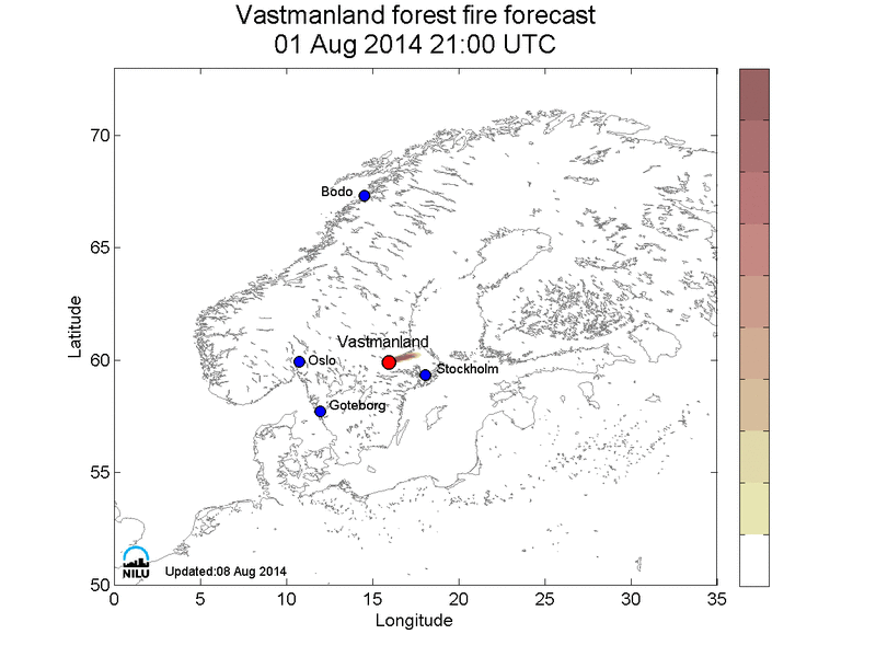 Simulering som viser hvordan røyken fra skogbrannen i Västmanland beveger seg i atmosfæren