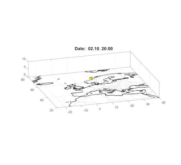 Simulering av gasser som føres med vinden fra Island til Trøndelagsområdet i Norge