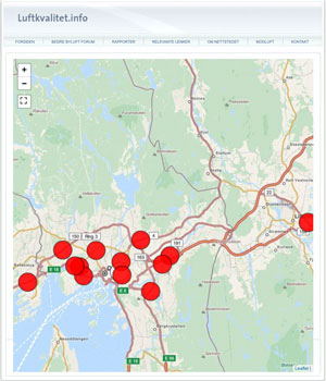 Skjermdump fra luftkvalitet.info som viser høy luftforurensning over hele Oslo-området