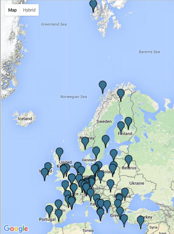 Kart som viser de 43 stasjonene som måler ACTRIS-data i Europa