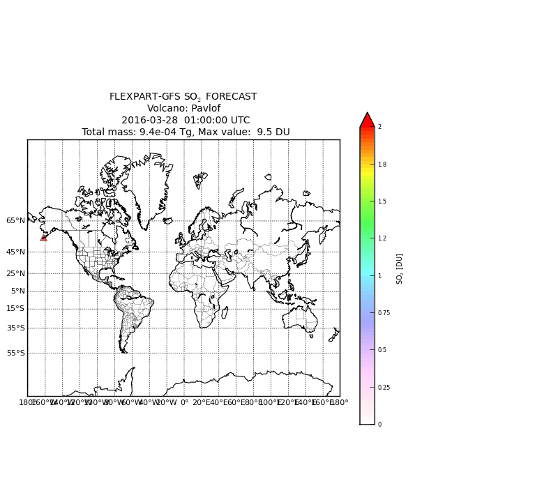 Simulering av svoveldioksidskyen fra Pavlof-vulkanen i Alaska som treffer Norge lørdag 2. april