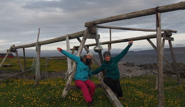 Helene Lunder Halvorsen (left) and Ingjerd Sunde Krogseth after deploying a UFO on a fish drying rack in Hamningberg on the Varanger peninsula. 