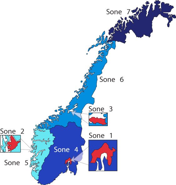 Kartet viser de tre byområdene og fire store regionene norsk luftkvalitet vurderes ut fra. 