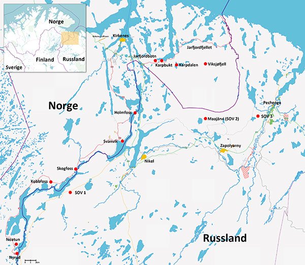 Kart over grenseområdene mellom Norge og Russland