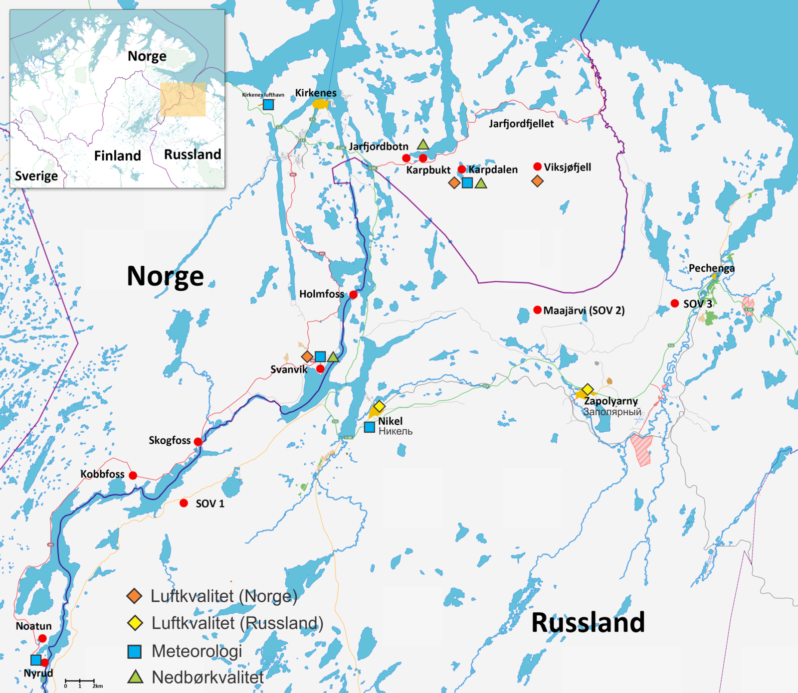 Figur. Viser norske målestasjoner i grenseområdene mot Russland