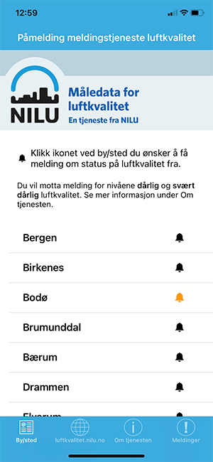 Påmeldingsvinduet i appen VarselLuftNå