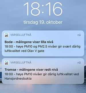 Varsel fra appen "VarselLuftNå"