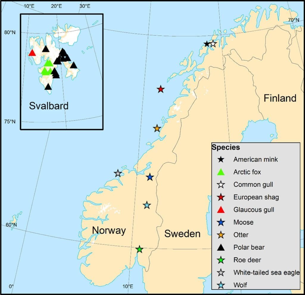 Figur som viser prøvetakingssteder i Norge