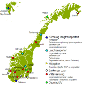 Kart som viser alle NILUs bakgrunnsstasjoner i Norge