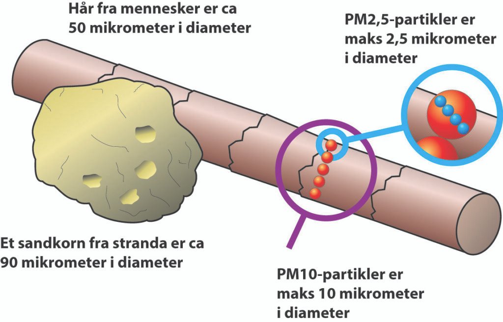 Illustrasjon som viser størrelsen på PM10- og PM2,5- partikler (svevestøv) sammenlignet med et hårstrå og et sandkorn. Hår fra mennesker er ca 50 micrometer i diameter. Et sandkorn er ca 90 mikrometer i diameter. PM10-partikler er 10 mikrometer i diameter og PM2,5-partikler er 2,5 mikrometer i diameter.