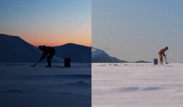 Todelt bilde som viser snøprøvetaking på vinteren og sommeren i Arktis
